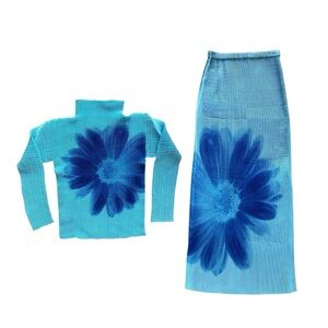 RARE Issey Miyake floral sunflower pleated top & skirt set